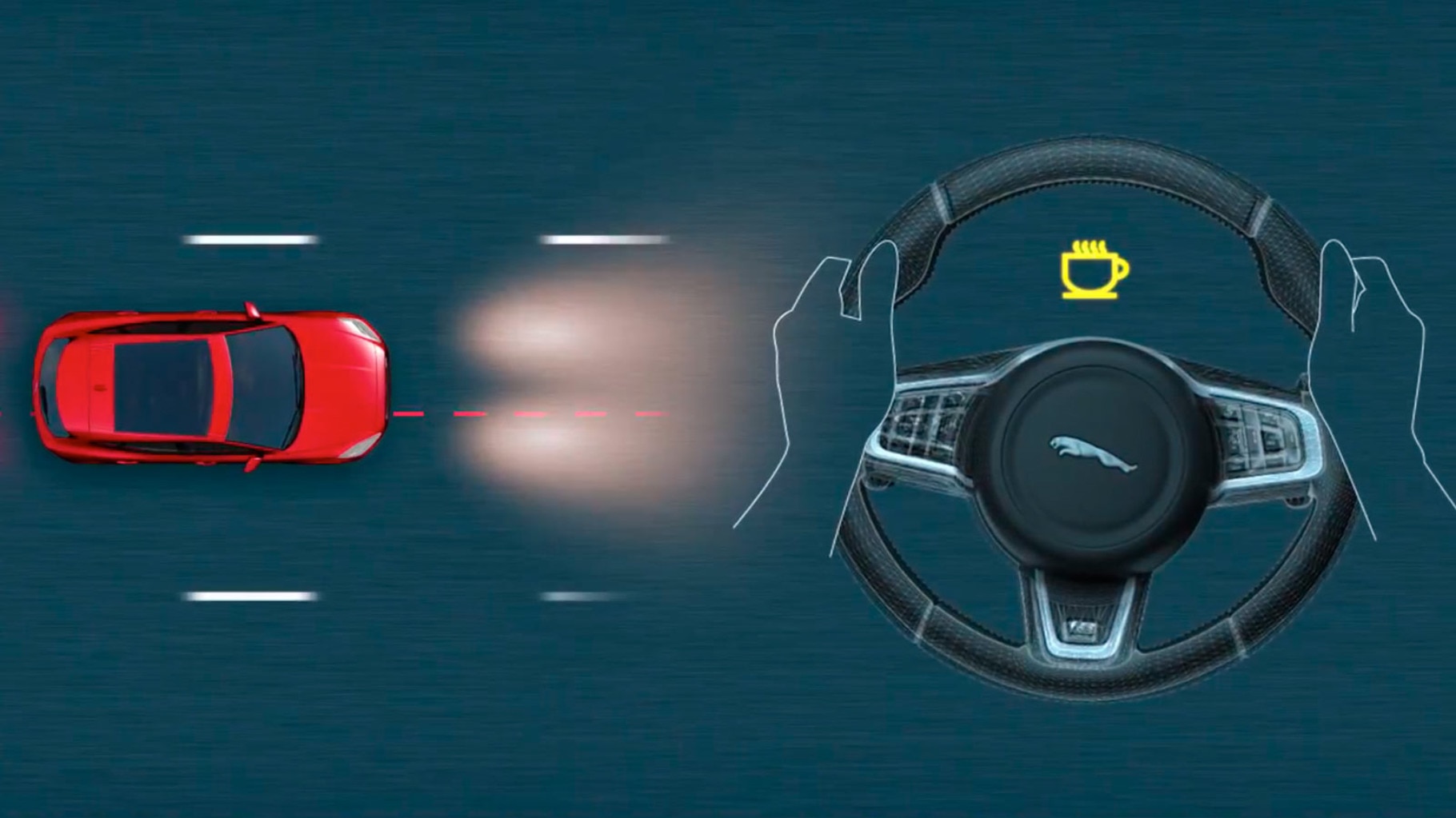 A diagram of Jaguar E-Pace Driver Condition Monitor detecting the driver is drowsy and alerting them to take a break.