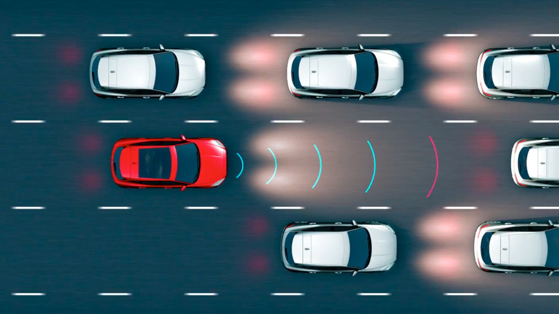 A diagram of the Jaguar E-Pace Adaptive Cruise Control mainting a safe distance from the car in front.