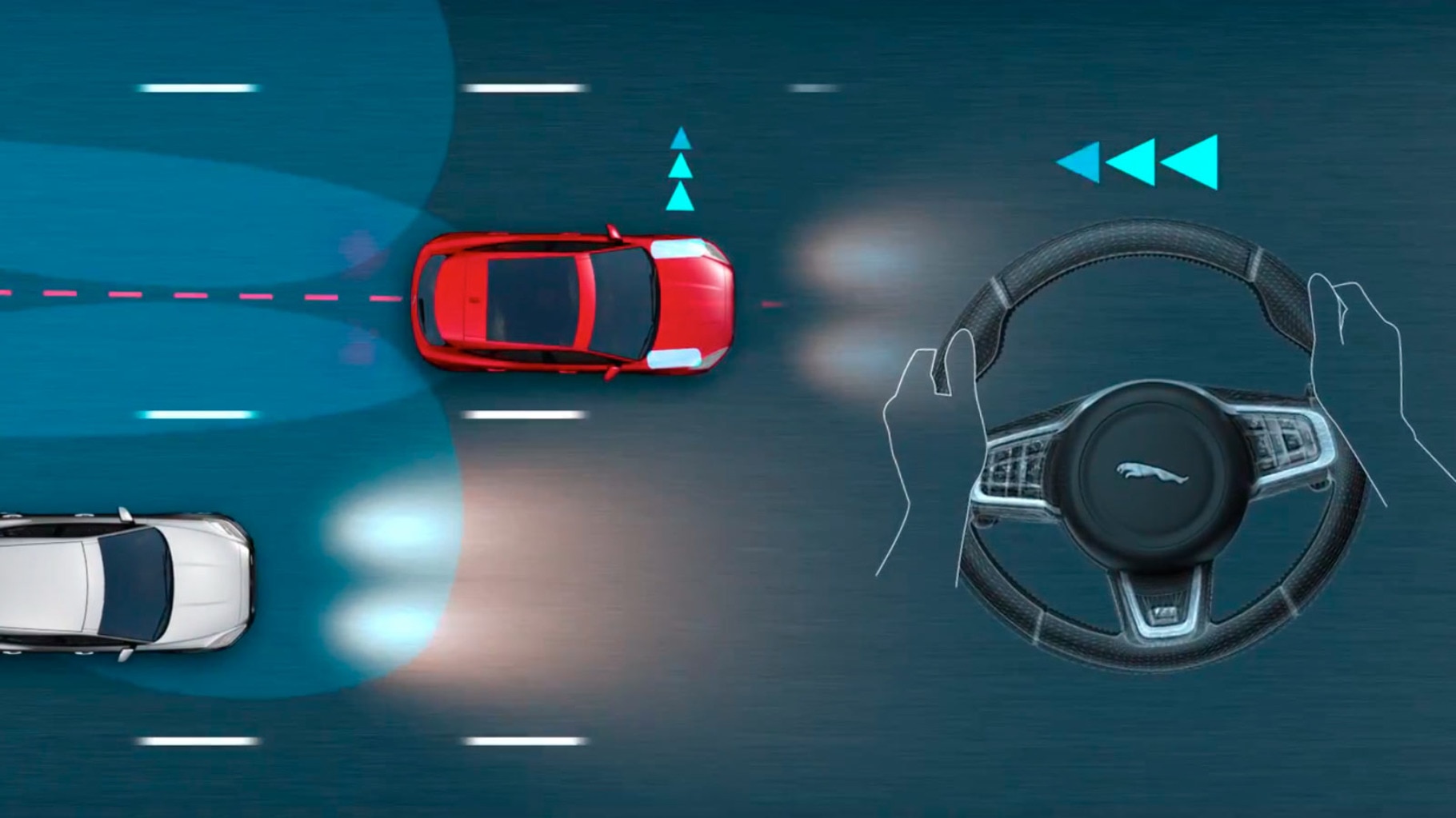 A diagram of the Jaguar E-Pace Blindspot Assist monitoring blind spots for any potential obstacles.