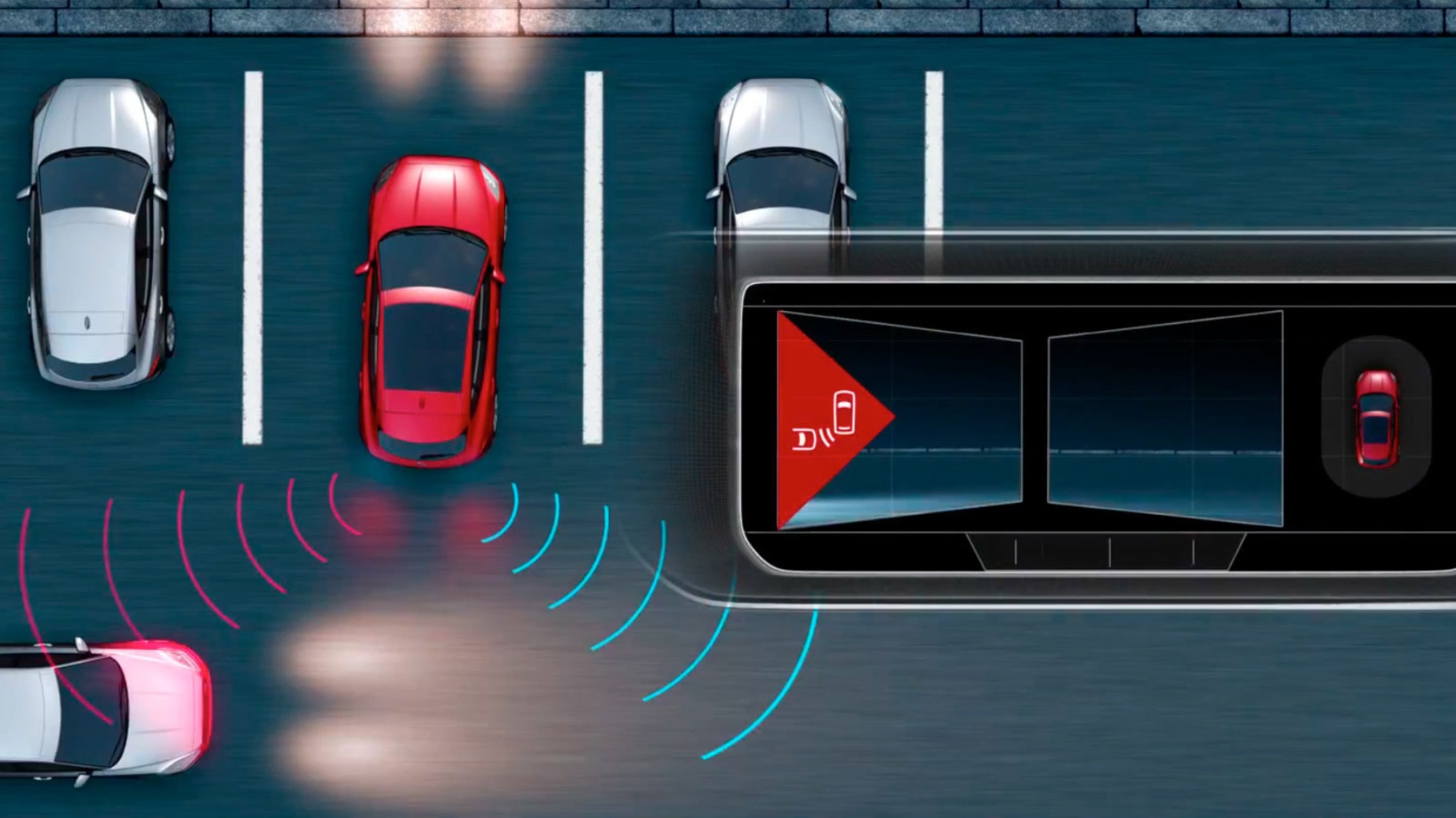 A diagram of Jaguar E-Pace Rear Traffic Monitor detecting hazards when reversing out of a parking bay.